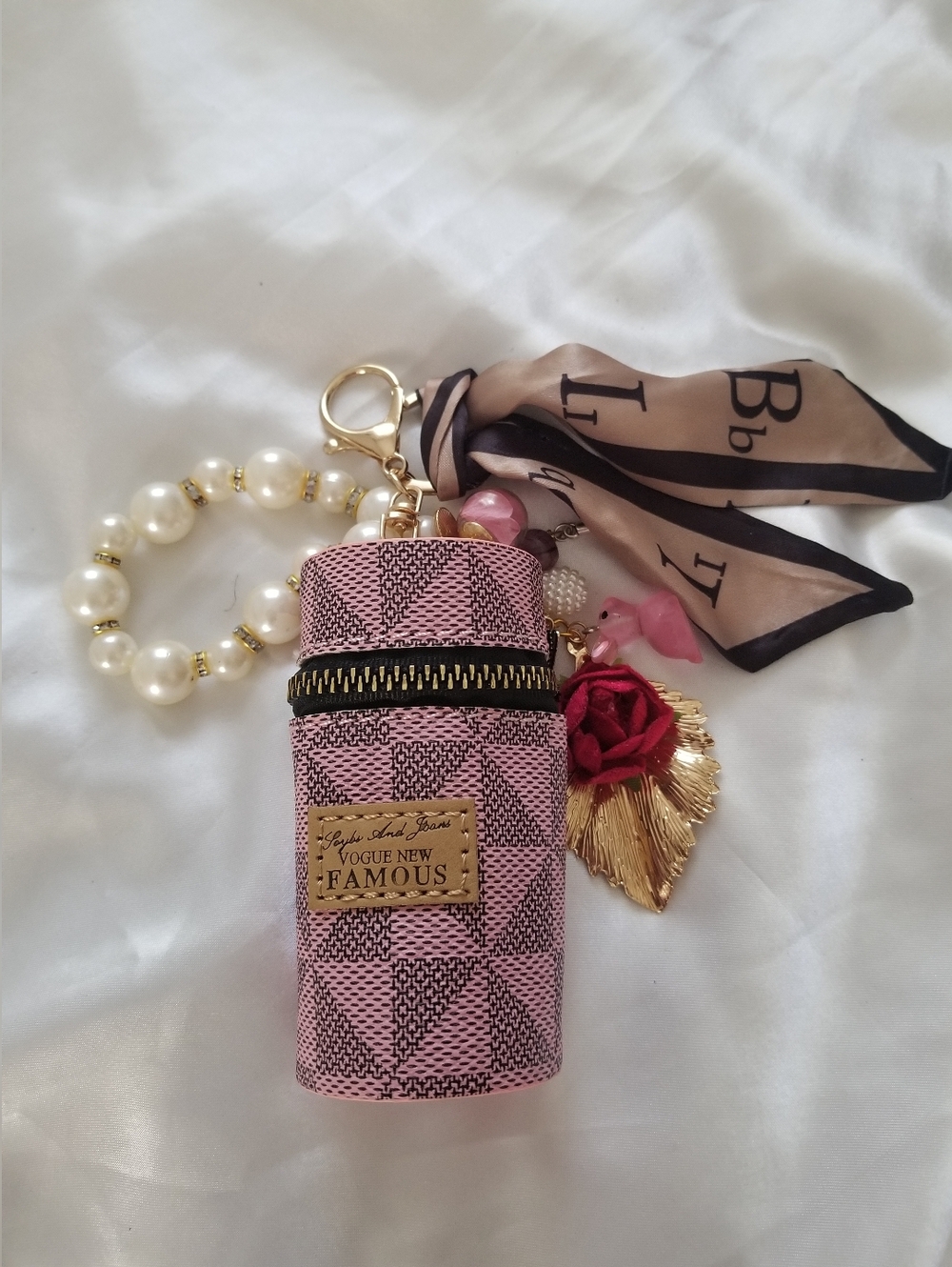Pink Cylinder Keychain With Metal Rose Accessory